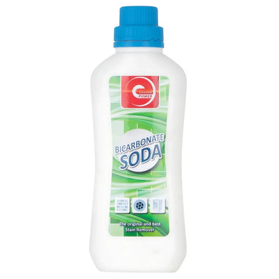 A white plastic bottle with a blue cap labeled "Essential Power - Bicarbonate Soda - 500g" by Essential, marketed as a natural cleaning stain remover, is shown against a plain background.