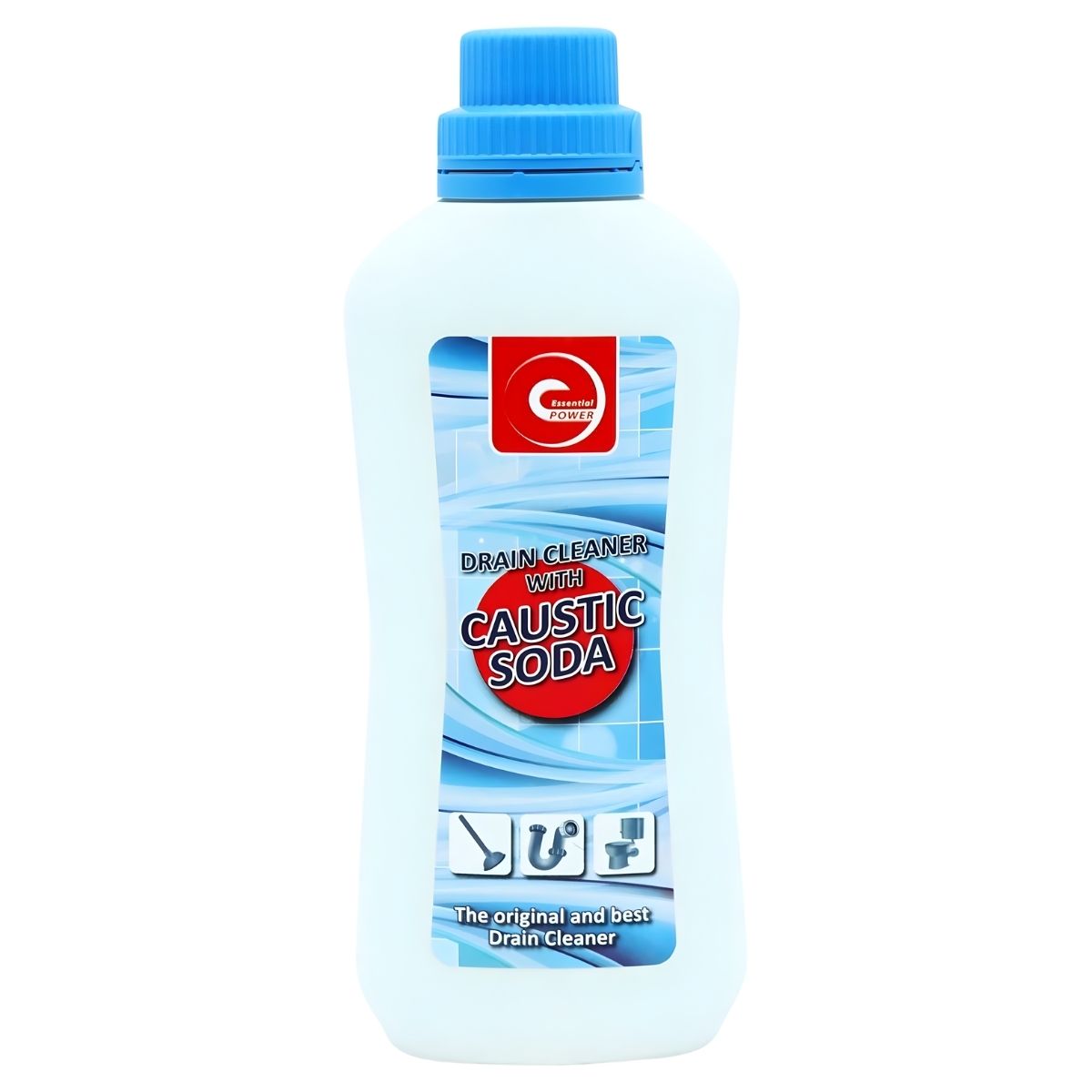 A white plastic 500g bottle of Essential Power - Caustic Soda Drain Cleaner by Caustic Soda, with a blue cap and label featuring plumbing icons and product branding on the front.