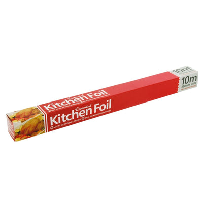 A red and white box labeled "Essential - Kitchen Foil 450mm wide - 10m" from Essential, ideal for food storage, features a picture of cooked food on the side.