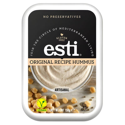 Esti - Original Recipe Hummus - 150g by esti is a gluten-free, vegan, artisanal spread showcasing Mediterranean flavors. The packaging features chickpeas, emphasizing its authentic ingredients and quality.