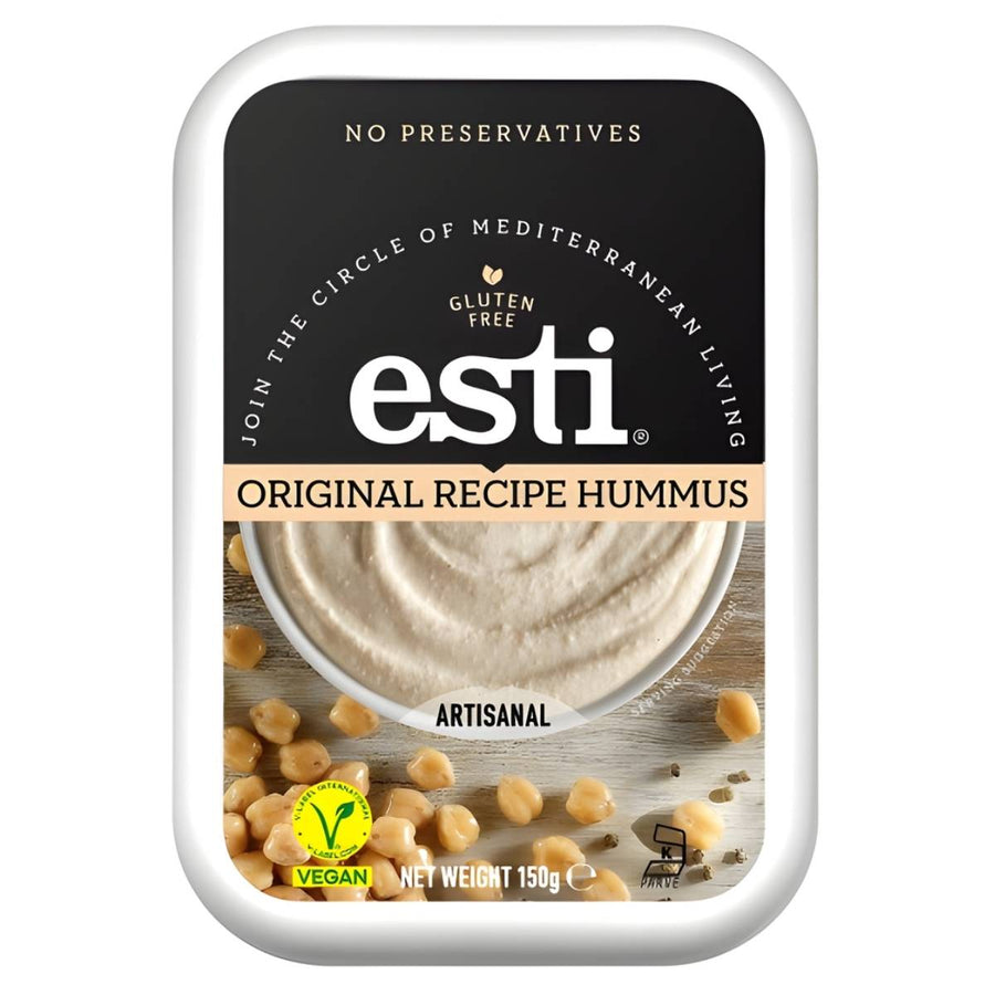 Esti - Original Recipe Hummus - 150g by esti is a gluten-free, vegan, artisanal spread showcasing Mediterranean flavors. The packaging features chickpeas, emphasizing its authentic ingredients and quality.