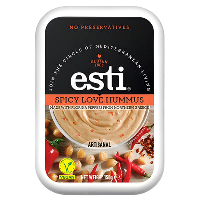 Esti - Spicy Love Hummus, 150g rectangular container by esti, is gluten free and vegan, with chili and Florina peppers shown on the label.