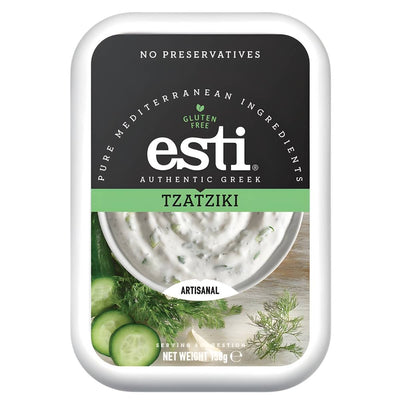 Esti - Tzatziki - 150g: A rectangular container of esti’s creamy, gluten-free dip with no preservatives, featuring cucumber and dill images—a classic Mediterranean condiment.
