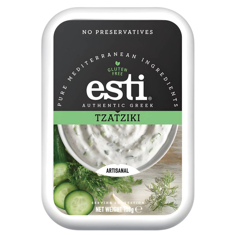 Esti - Tzatziki - 150g: A rectangular container of esti’s creamy, gluten-free dip with no preservatives, featuring cucumber and dill images—a classic Mediterranean condiment.