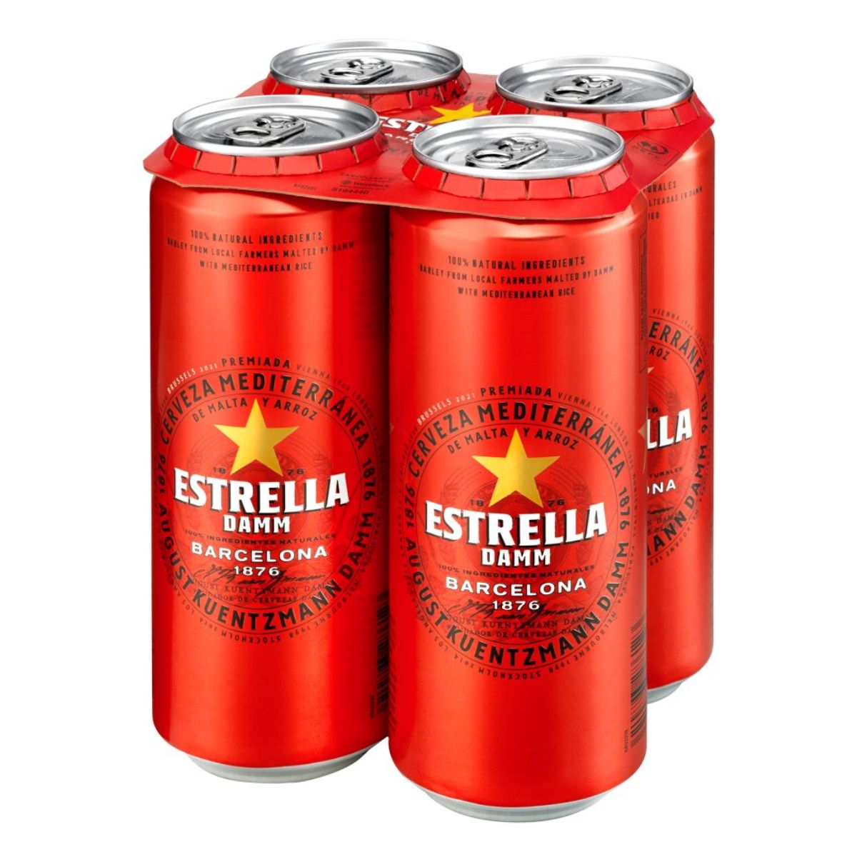 A pack of four cans of Estrella Damm - Beer (4.6% ABV) (4 x 500ml) on a white background.