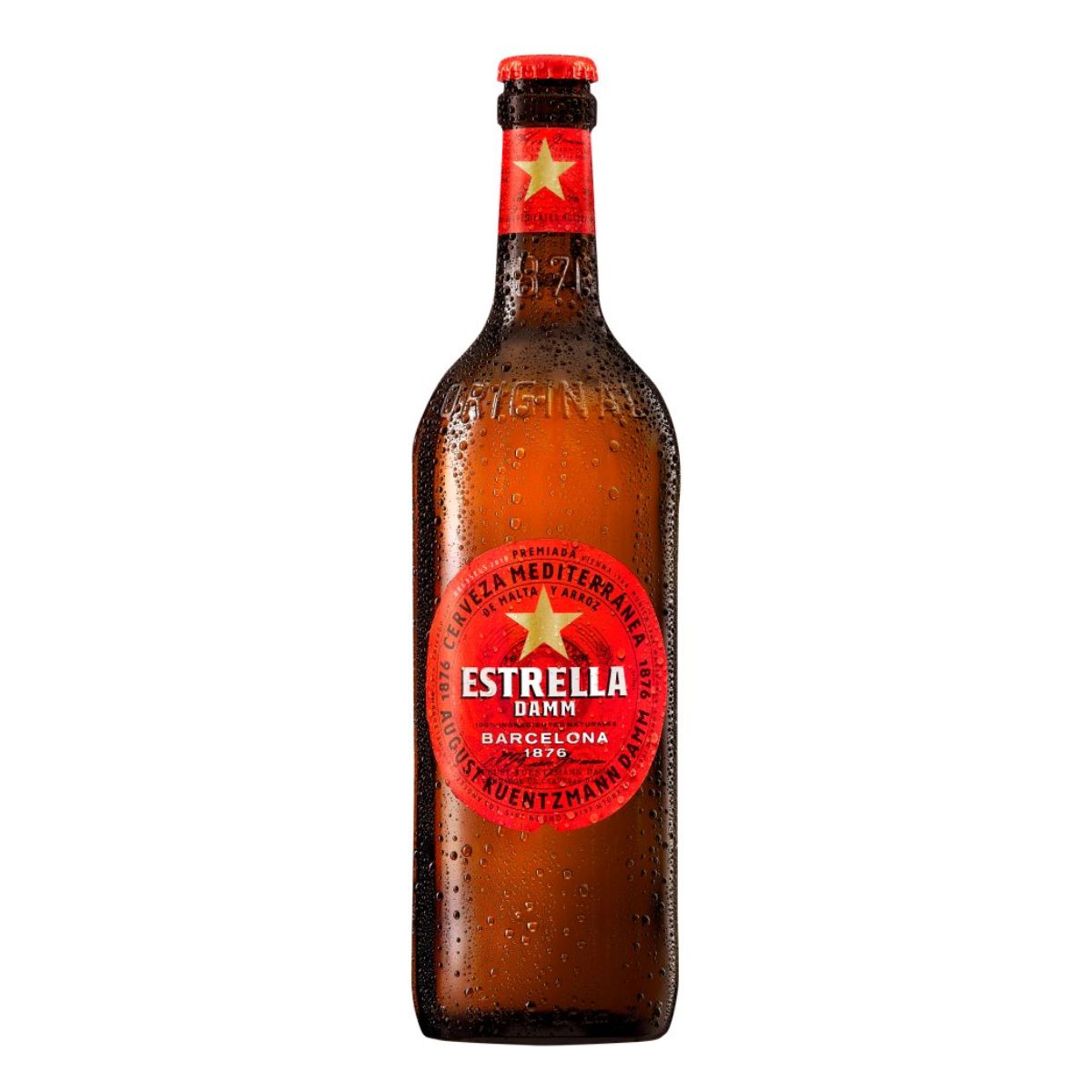 An Estrella Damm - Lager Beer Bottle (4.6% ABV) - 660ml with a red star on it.