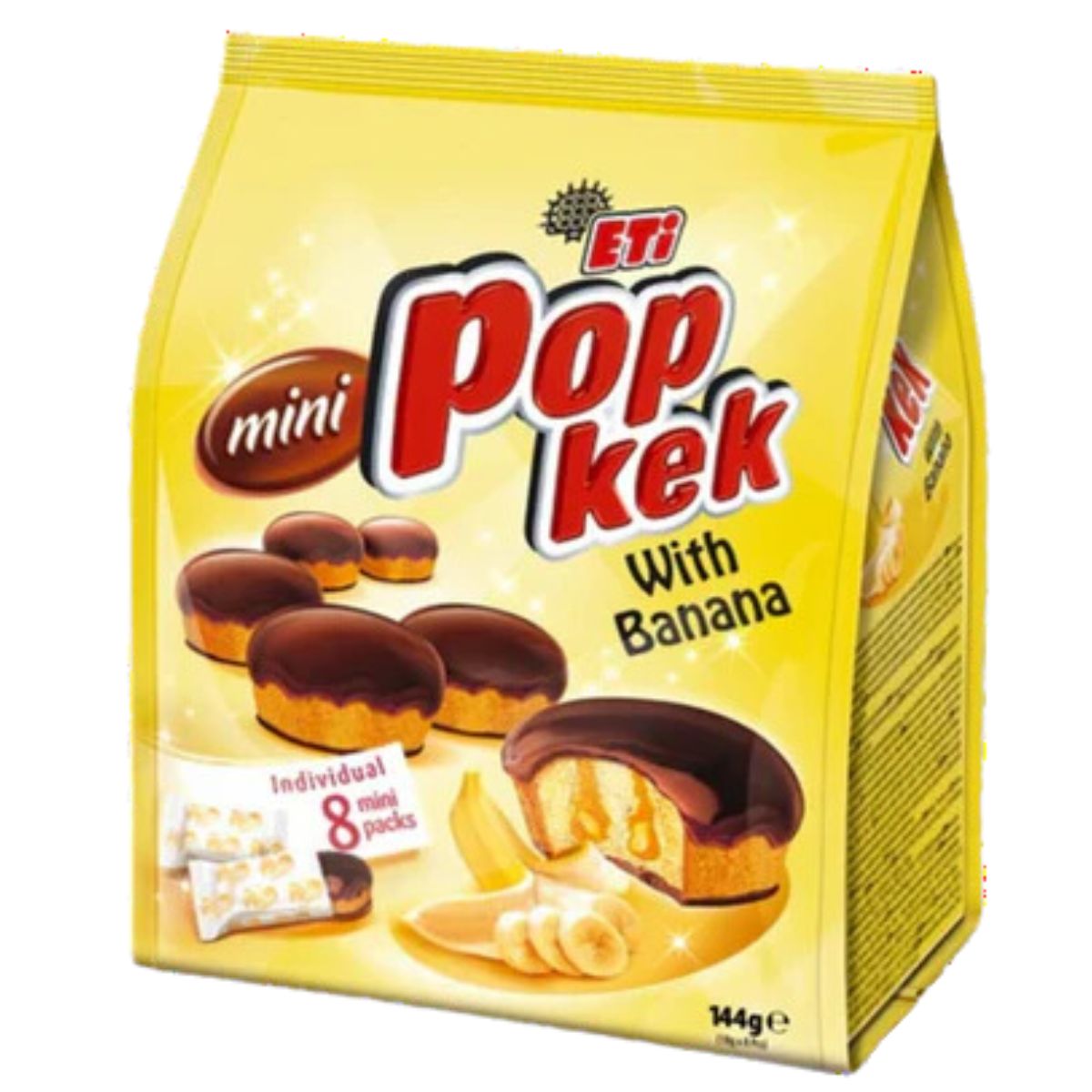 A yellow package of Eti Pop Kek with banana flavor showcases chocolate-covered cakes and sliced bananas, containing 8 individual mini packs in a total weight of 144g.