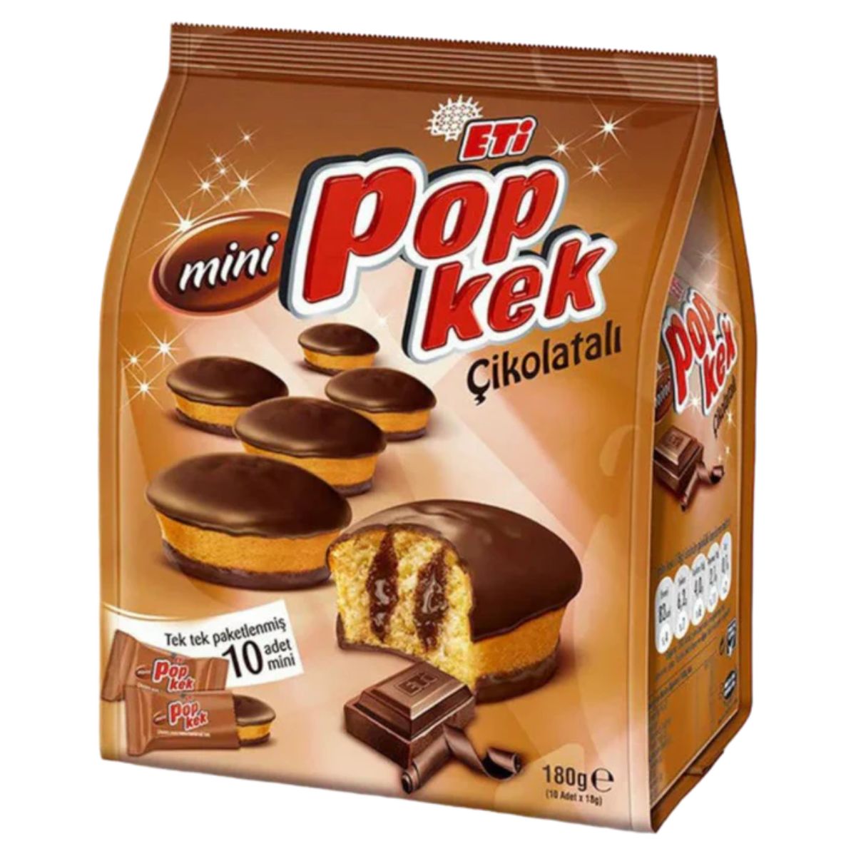 A package of Eti Pop Kek with Chocolate, showcasing several round cakes and a cut cake revealing the chocolate filling. The packaging states 144g in weight but lacks information about the precise number of mini cakes included.