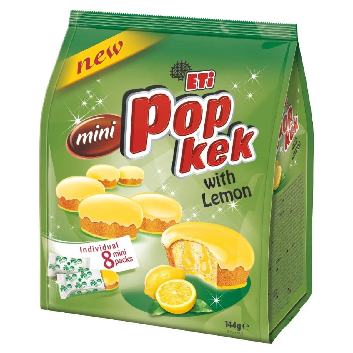 The Eti - Pop Kek With Lemon Mini Cakes come in a green package and feature yellow cakes with a lemon slice design. Infused with natural flavor and a touch of lemon sauce, the package contains eight individual packs, totaling 144g.