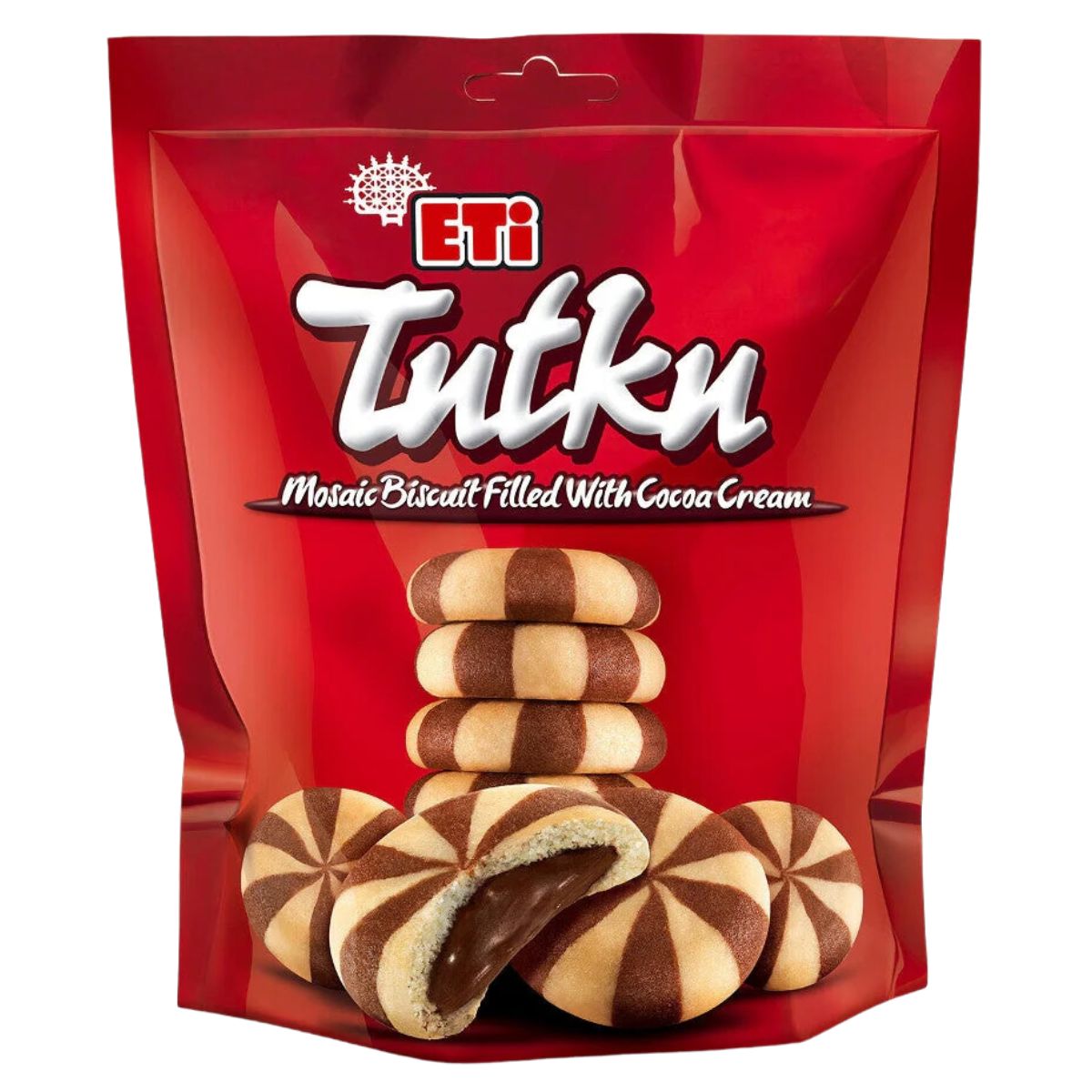 A package of the delightful Eti - Tutku Biscuit - 162g, showcasing striped cookies filled with cocoa cream against a vibrant red background to satisfy your sweet cravings.