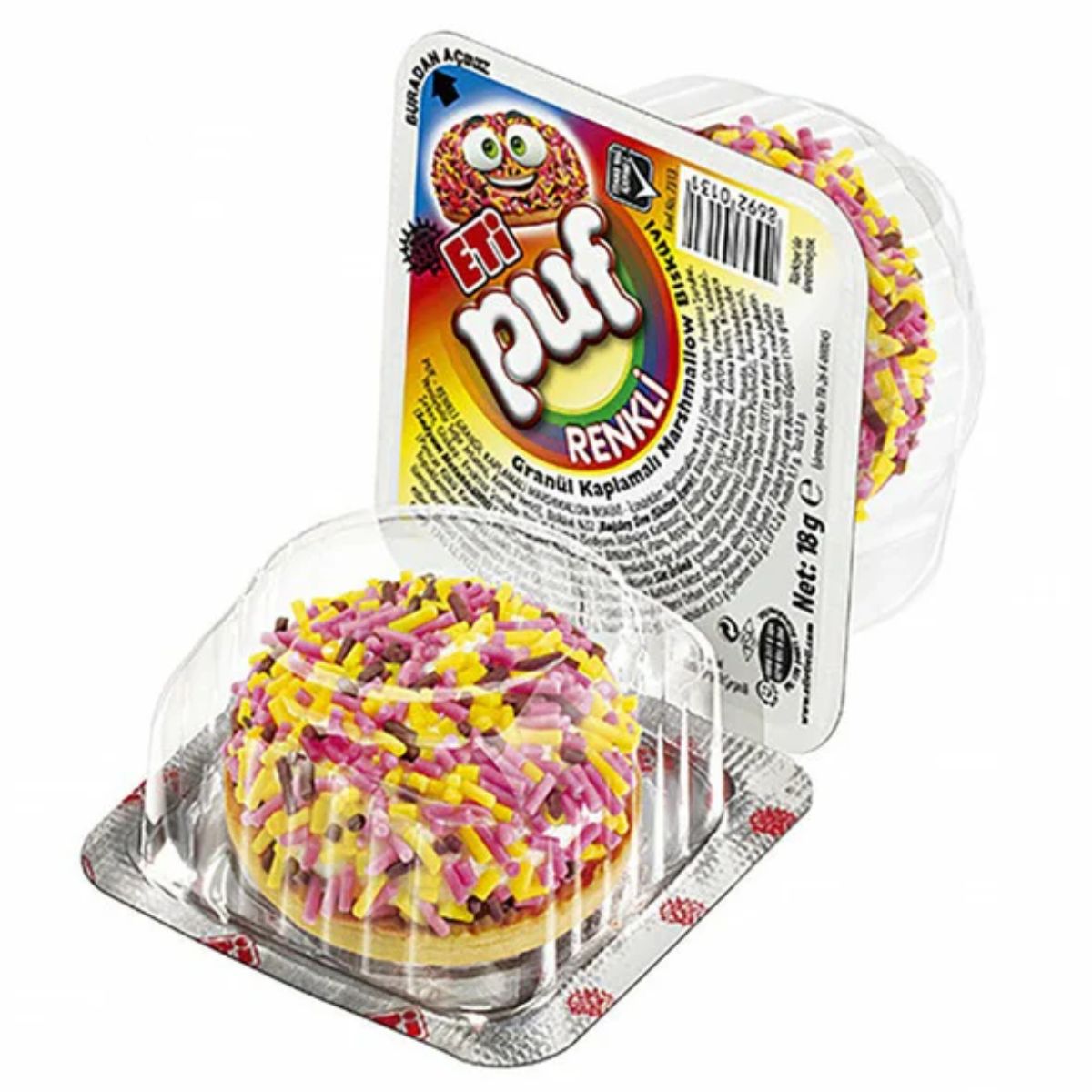 A fluffy-textured Eti Puf - Rainbow Marshmallow Biscuit, 18g, comes in a plastic container with multicolored sprinkles for a sweet surprise.