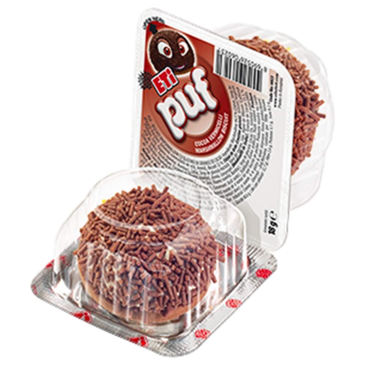 Two Eti Puf - Marshmallow Biscuit with Cocoa Sprinkles packages featuring colorful labels, enclosed in clear plastic domes, and set against a white background.