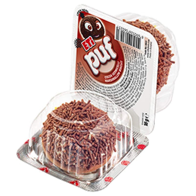 Eti Puf - Marshmallow Biscuit with Cocoa Sprinkles by Eti is a 18g packaged snack featuring a chocolate-covered marshmallow on a biscuit, topped with cocoa sprinkles.