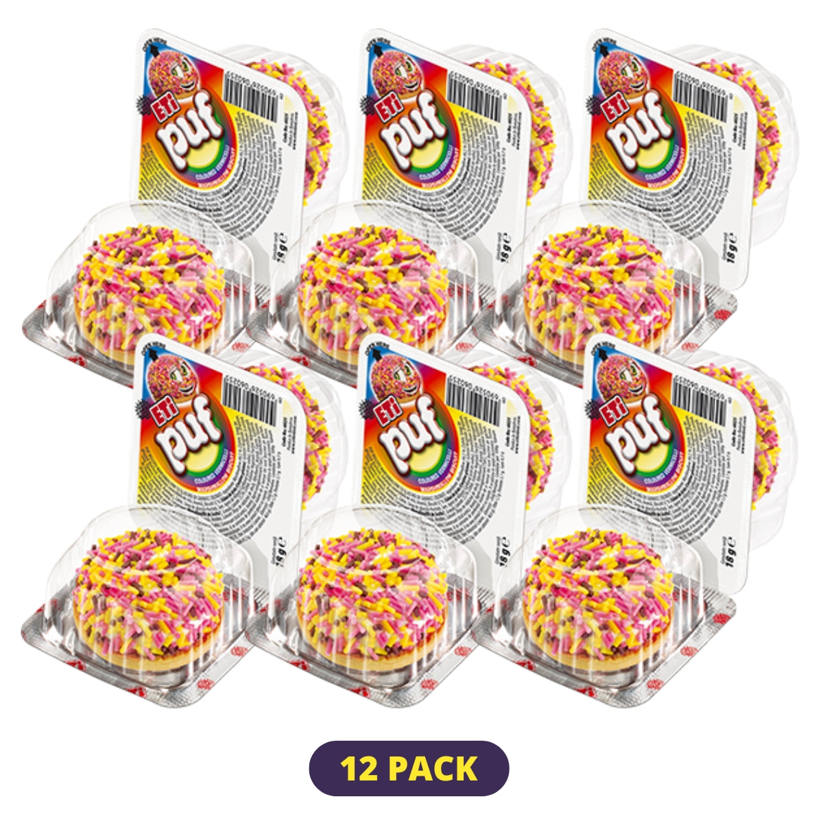 Treat your sweet tooth to Eti Puf Rainbow Marshmallow Biscuit Snacks. This 12-pack of 18g individually packaged, round pink and yellow frosted treats is perfect for snack time.