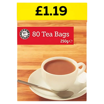 Euro Shopper 80 Tea Bags (250g) for just £1.19, as shown on the price label. Enjoy the smooth flavor in every cup from Euro Shopper.