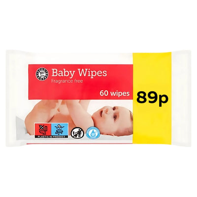 Euro Shopper Baby Wipes pack contains 60 fragrance-free, gentle wipes with soothing aloe vera. The packaging shows a baby and displays an 89p price on a yellow stripe.