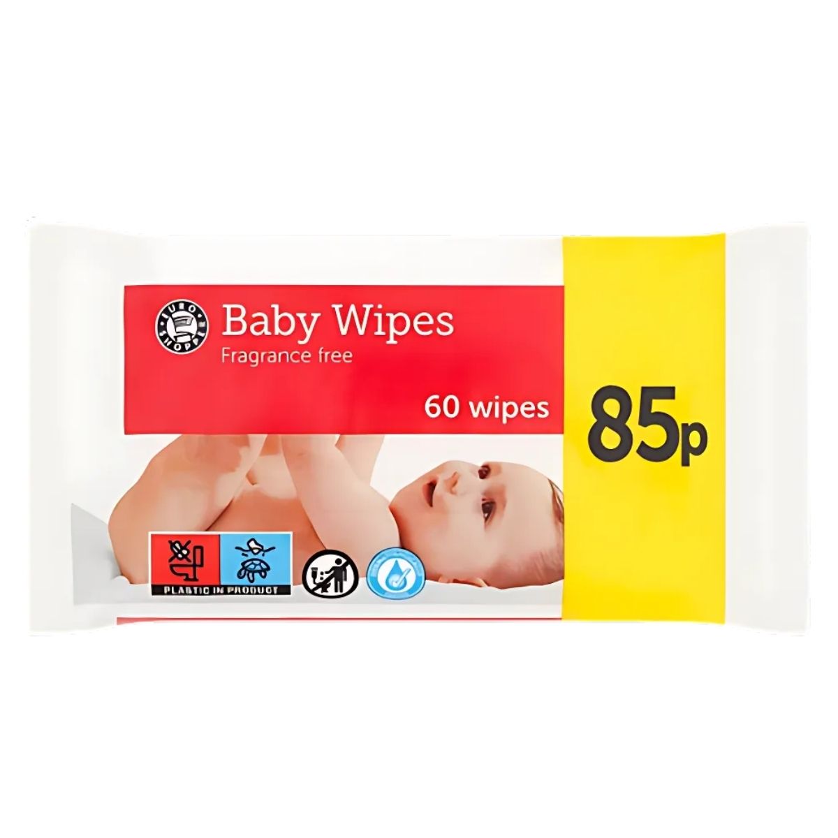 A pack of 80 Euro Shopper Baby Wipes for delicate skin, featuring a baby image on the front and a yellow label with an 85p price—ideal for on-the-go parents.