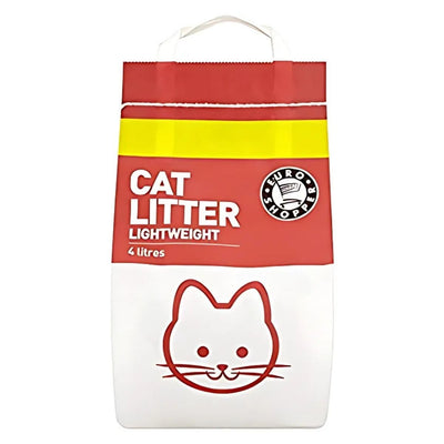 Euro Shopper - Cat Litter Lightweight - 4L comes in a red and white bag with a simple cat face design. It offers easy clumping and reliable odor control for hassle-free litter box maintenance.