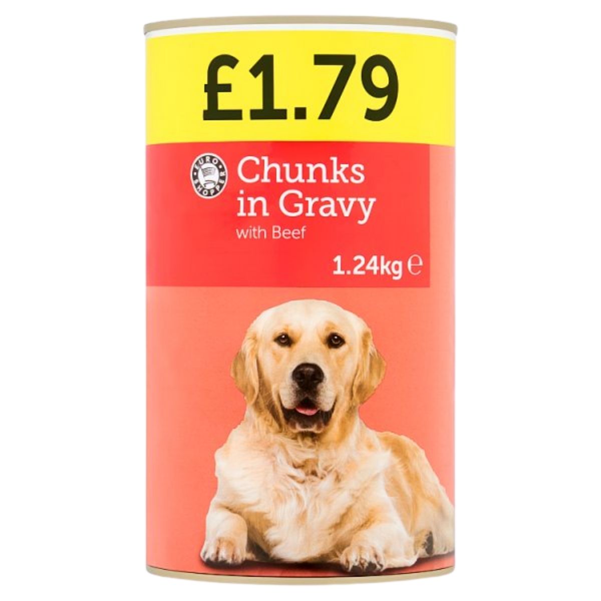 Dog food can with a yellow and red label featuring a dog and price information.