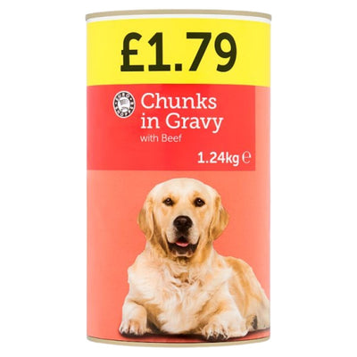 Dog food can with a yellow and red label featuring a dog and price information.