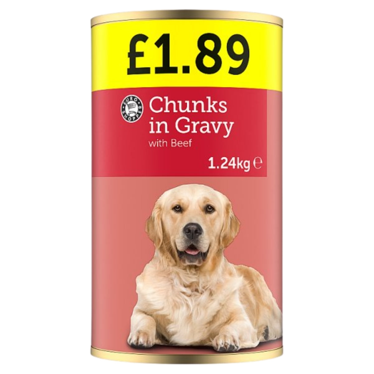 A 1.24 kg can of Euro Shopper “Chunks in Gravy with Beef” dog food, priced at £1.89 and featuring a photo of a golden retriever on the front.