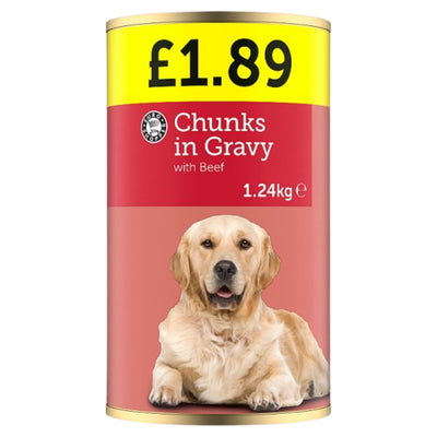 A 1.24 kg can of Euro Shopper “Chunks in Gravy with Beef” dog food, priced at £1.89 and featuring a photo of a golden retriever on the front.
