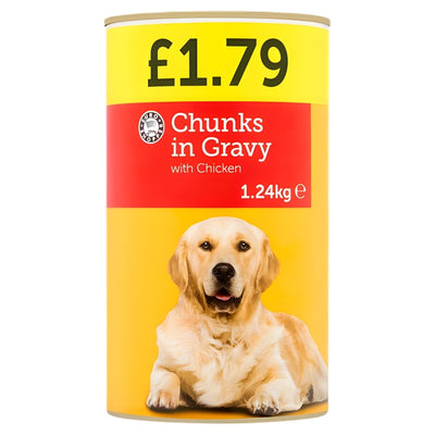 Euro Shopper Chunks in Gravy with Chicken Dog Food, 1.24kg can for £1.79, features chicken chunks in gravy and a golden retriever image on the label—ideal for adult dogs.