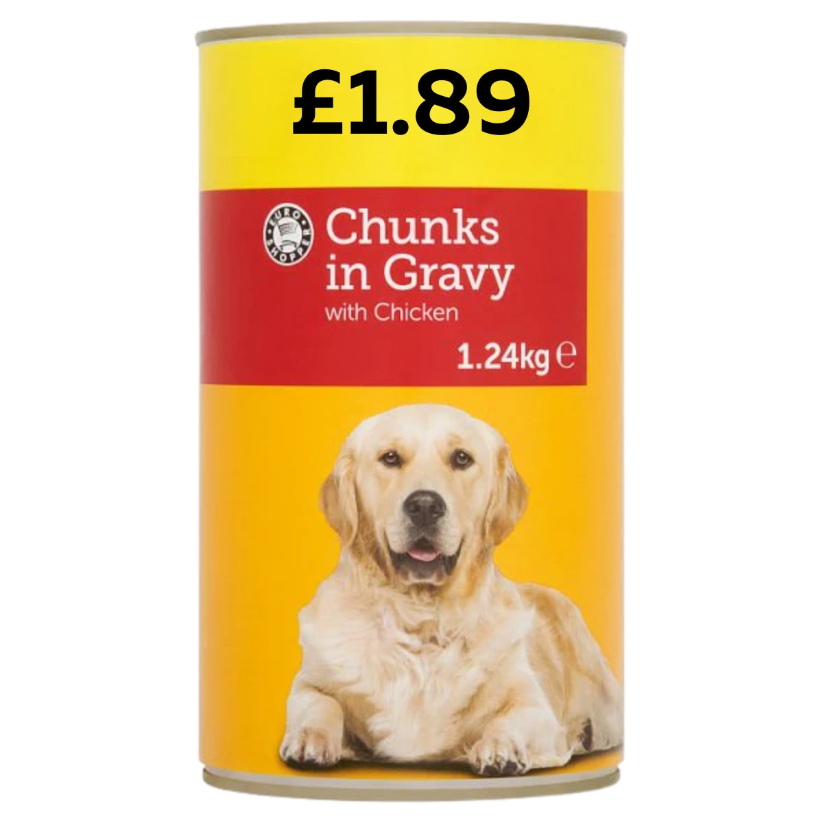A 1.24kg can of Euro Shopper Chunks in Gravy with Chicken Dog Food, priced at £1.89 and featuring a golden retriever on the label—ideal for adult dogs who enjoy tasty chicken chunks in gravy.