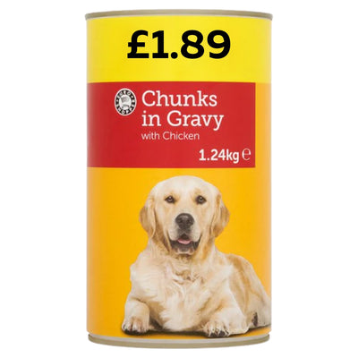 A 1.24kg can of Euro Shopper Chunks in Gravy with Chicken Dog Food, priced at £1.89 and featuring a golden retriever on the label—ideal for adult dogs who enjoy tasty chicken chunks in gravy.
