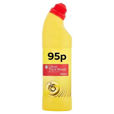 Yellow bottle of Citrus Thick Bleach with red cap on a white background