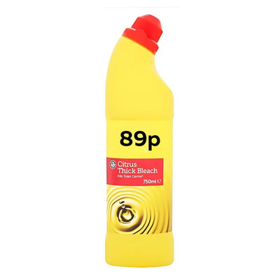 A 750ml bottle of Euro Shopper Citrus Thick Bleach with a yellow body and red cap, priced at 89p, is perfect for stain removal and deep disinfection.