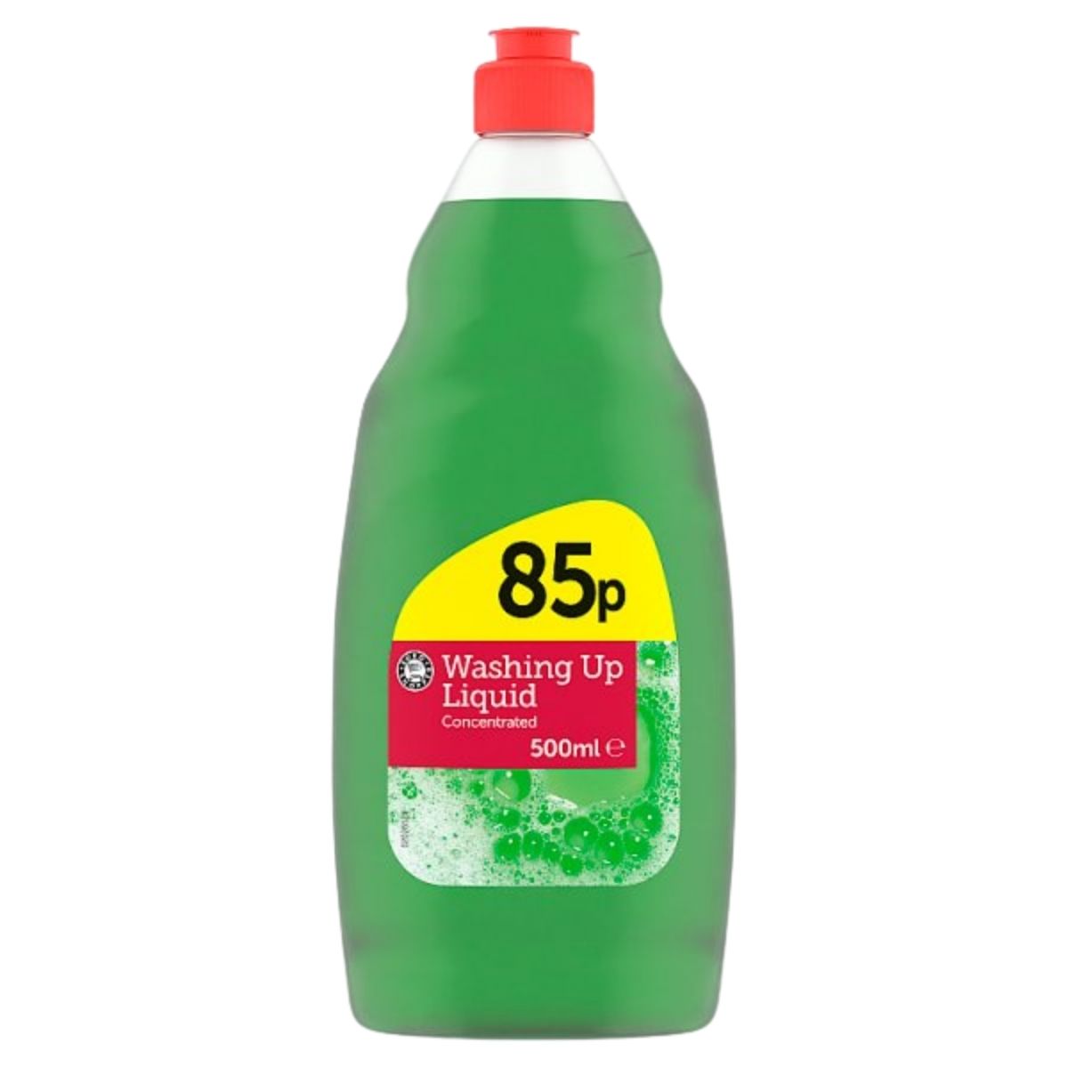 A 500ml bottle of Euro Shopper Concentrated Washing Up Liquid with a red cap, yellow "85p" label. Delivers powerful cleaning and effective grease removal for spotless dishes.