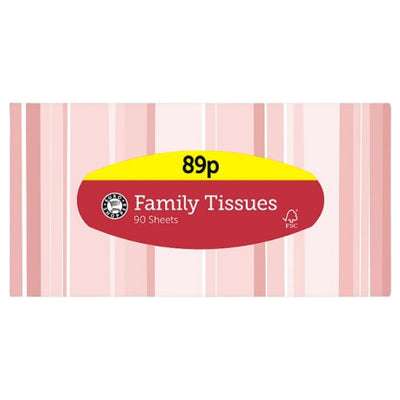 A box of Euro Shopper Family Tissues features a red and yellow label with "89p," "Family Tissues," and "90 Sheets" on a pink striped background.
