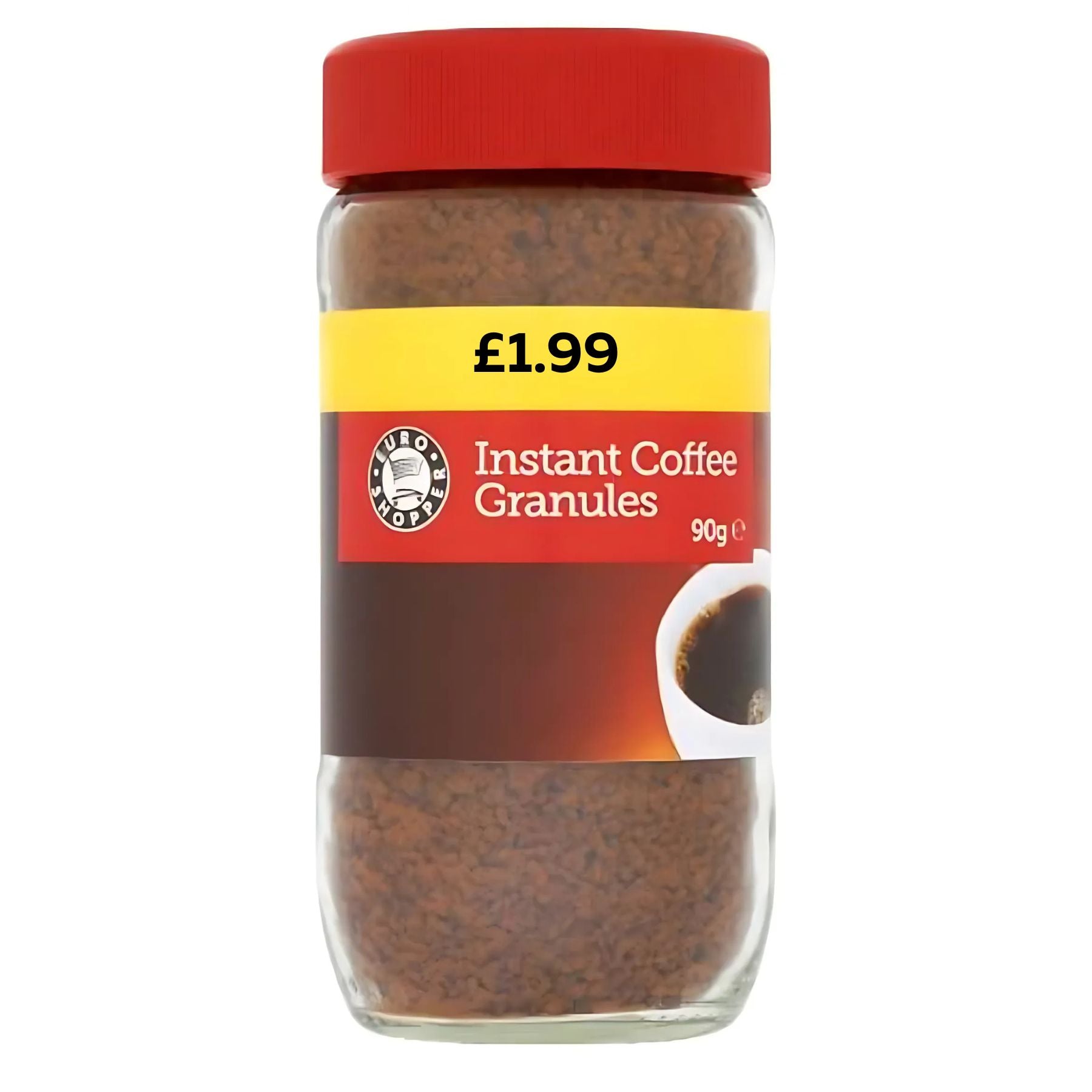 A 90g jar of Euro Shopper Instant Coffee Granules with a red lid, yellow £1.99 price label, and a cup of coffee on the packaging.