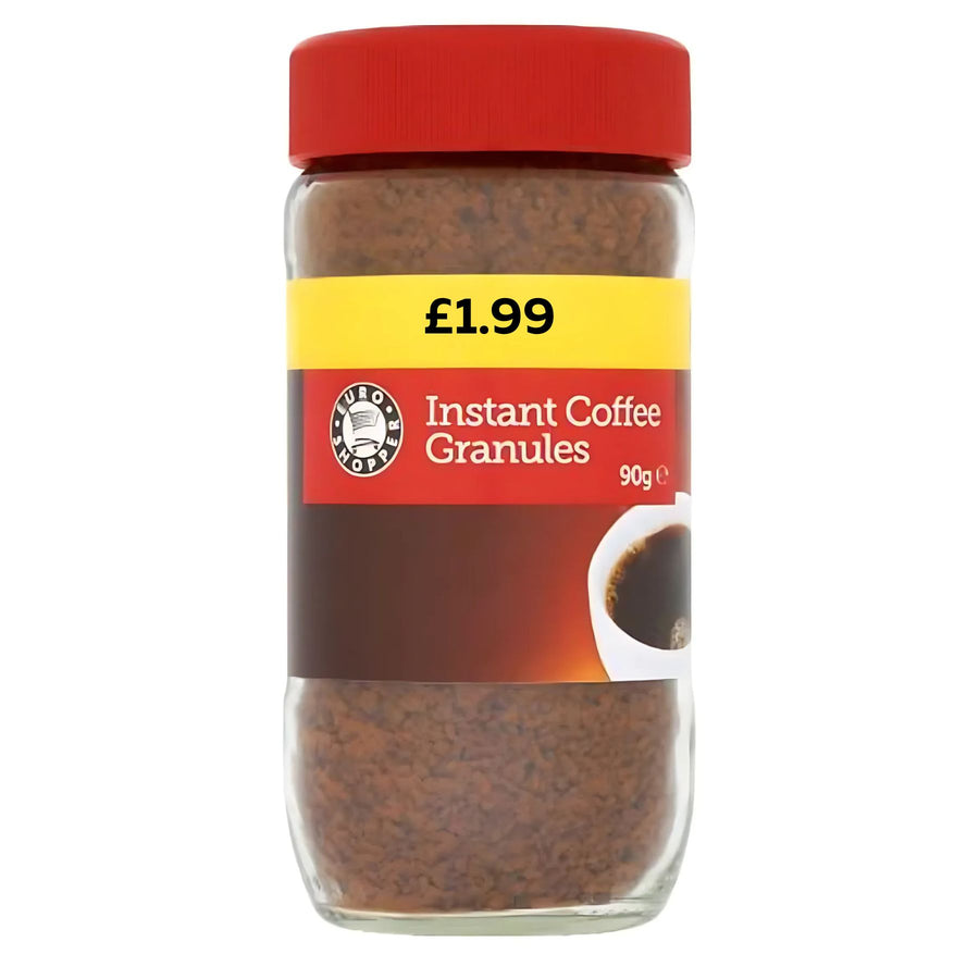 A 90g jar of Euro Shopper Instant Coffee Granules with a red lid, yellow £1.99 price label, and a cup of coffee on the packaging.
