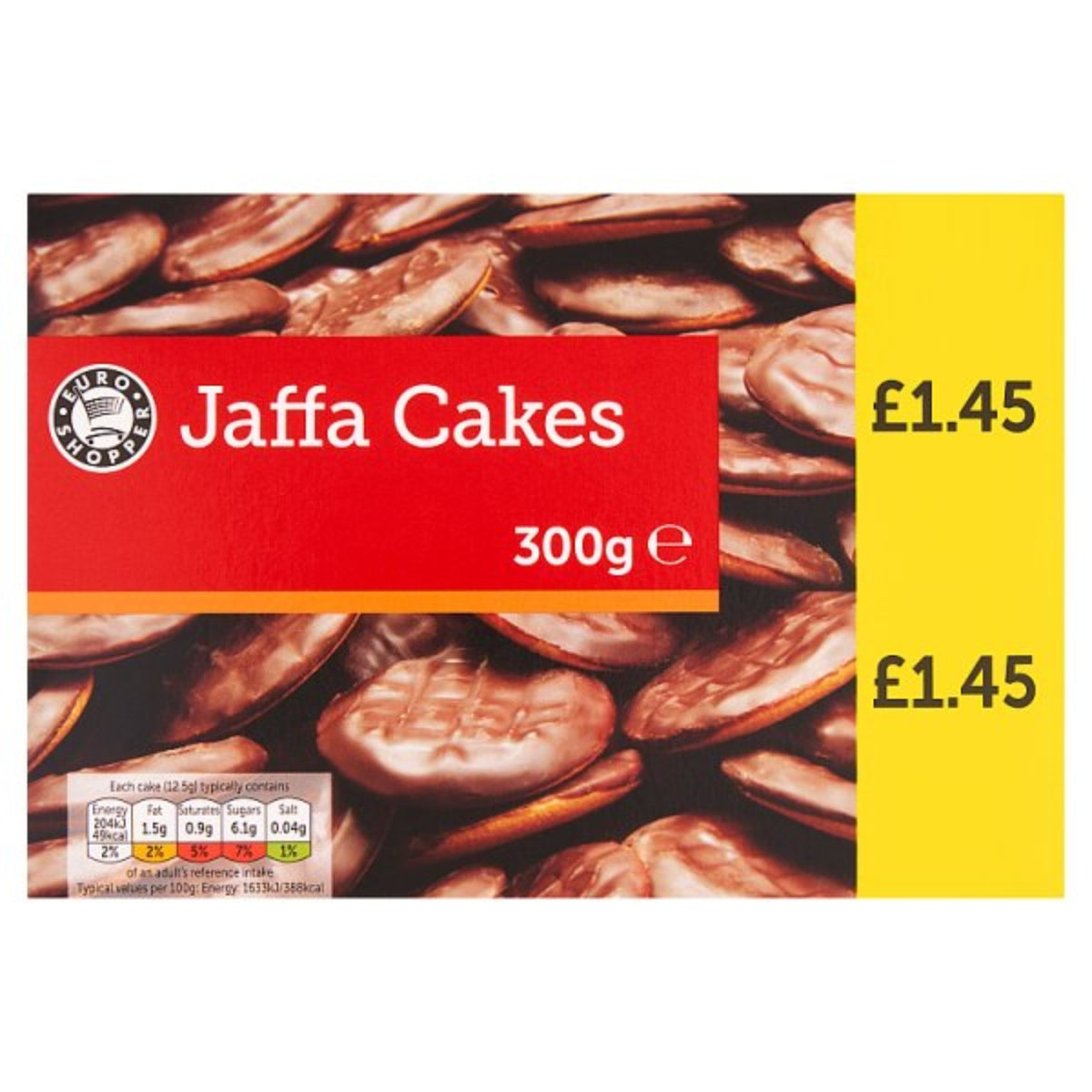 A box of Euro Shopper - Jaffa Cakes - 300g on a white background.