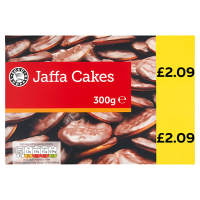 A 300g box of Euro Shopper Jaffa Cakes, orange flavour with plain chocolate, displaying a yellow £2.09 label.