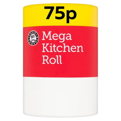 Euro Shopper - Mega Kitchen Towel - 1 Roll, an absorbent kitchen towel in red, yellow, and white packaging, with the price of 75p in bold black text at the top.