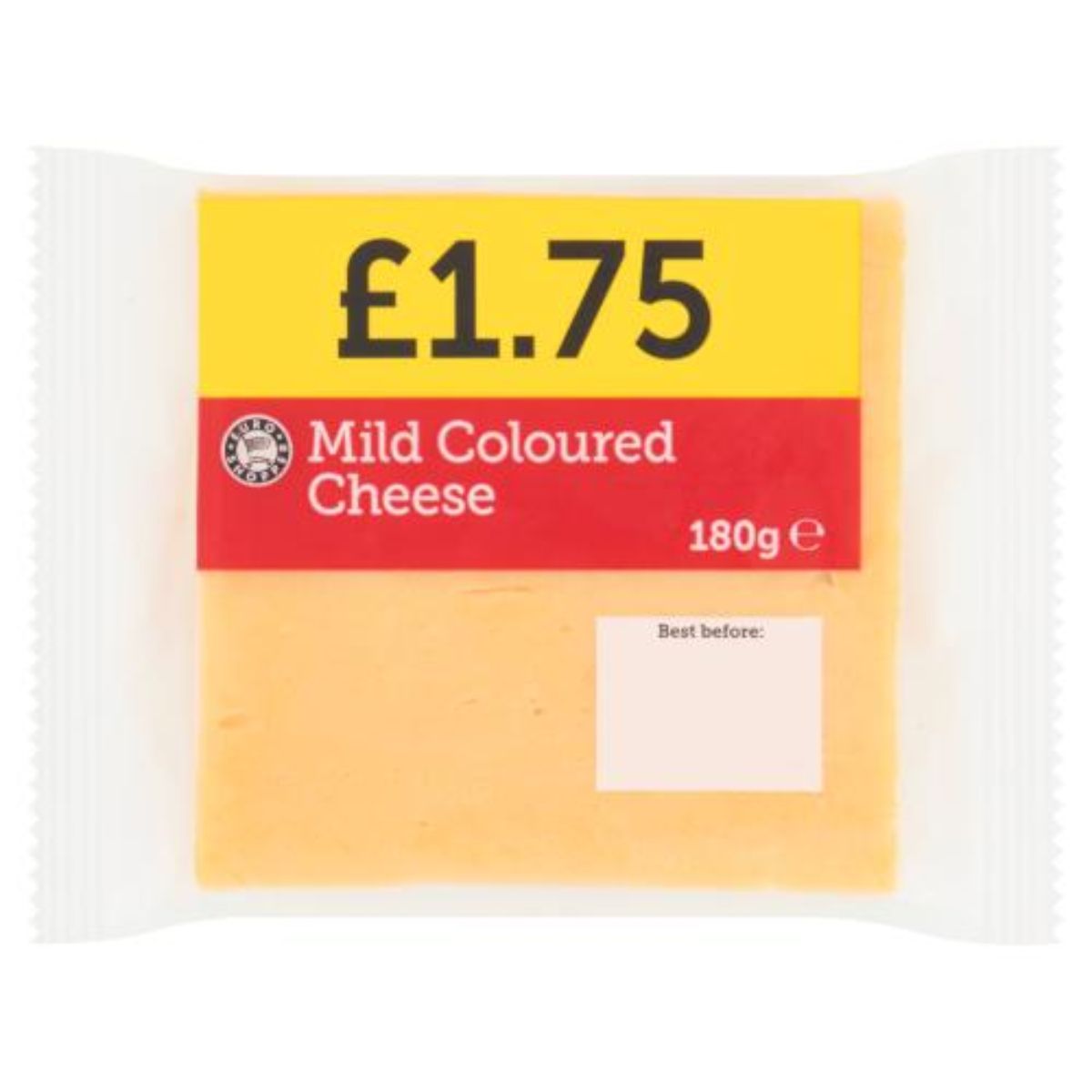 A 180g square package of Euro Shopper Mild Cheese, priced at £1.75, with a label indicating a best before date.