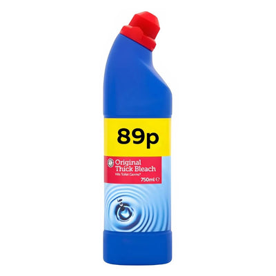 A 750ml blue bottle of Euro Shopper Original Bleach with a red cap, labeled “89p” and featuring a water ripple graphic—perfect for effective cleaning and disinfecting.