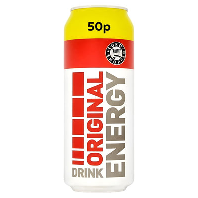 A 250ml can of Euro Shopper Original Energy Drink features a yellow top, "50p" printed at the top, red and grey text, and offers a refreshing mixed fruit flavour with B vitamins.