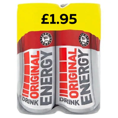Euro Shopper - Original Energy Drink - 4 x 250ml multi-pack with a £1.95 price label shown on the packaging.