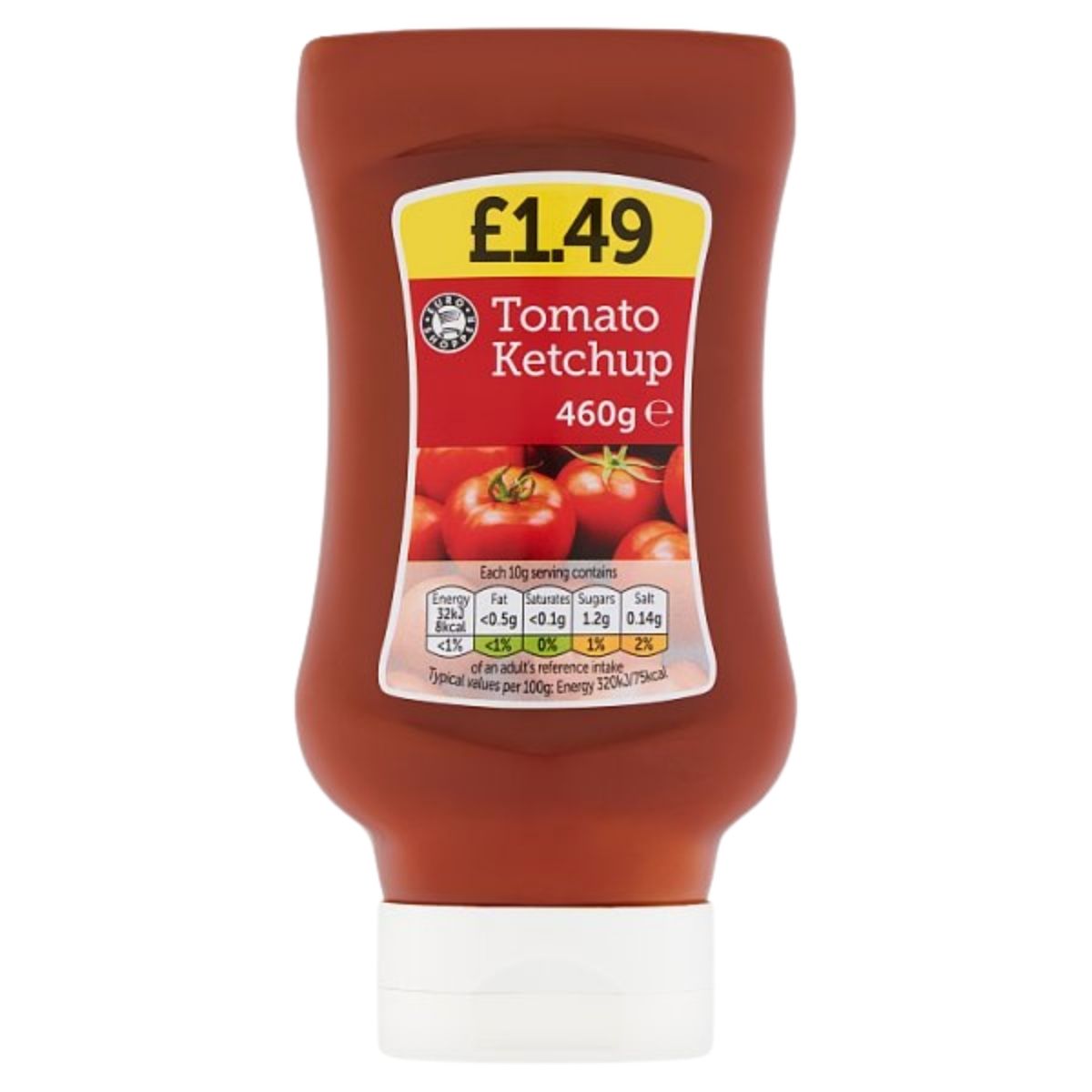 A 460g Euro Shopper Tomato Ketchup bottle, priced at £1.49, stands upright with the cap at the bottom. The label displays nutritional info and tomato images, clearly marked with the Euro Shopper brand name.