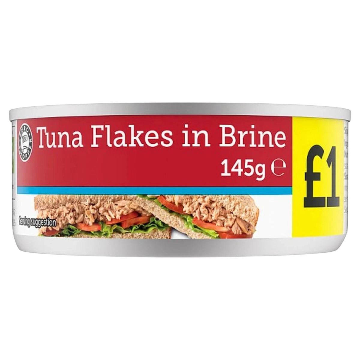 Can of tuna flakes in brine with a sandwich illustration on a white background