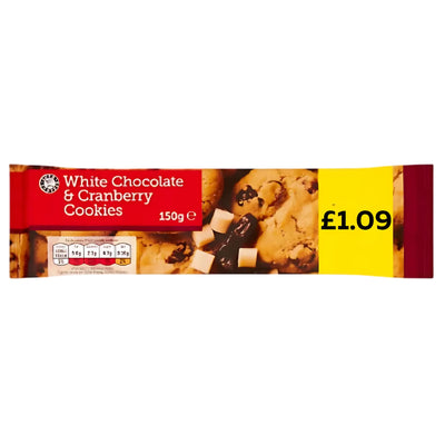 A 150g pack of Euro Shopper White Chocolate and Cranberry Cookies, priced at £1.09 with a yellow label, offers an affordable yet indulgent snack from the trusted Euro Shopper brand.
