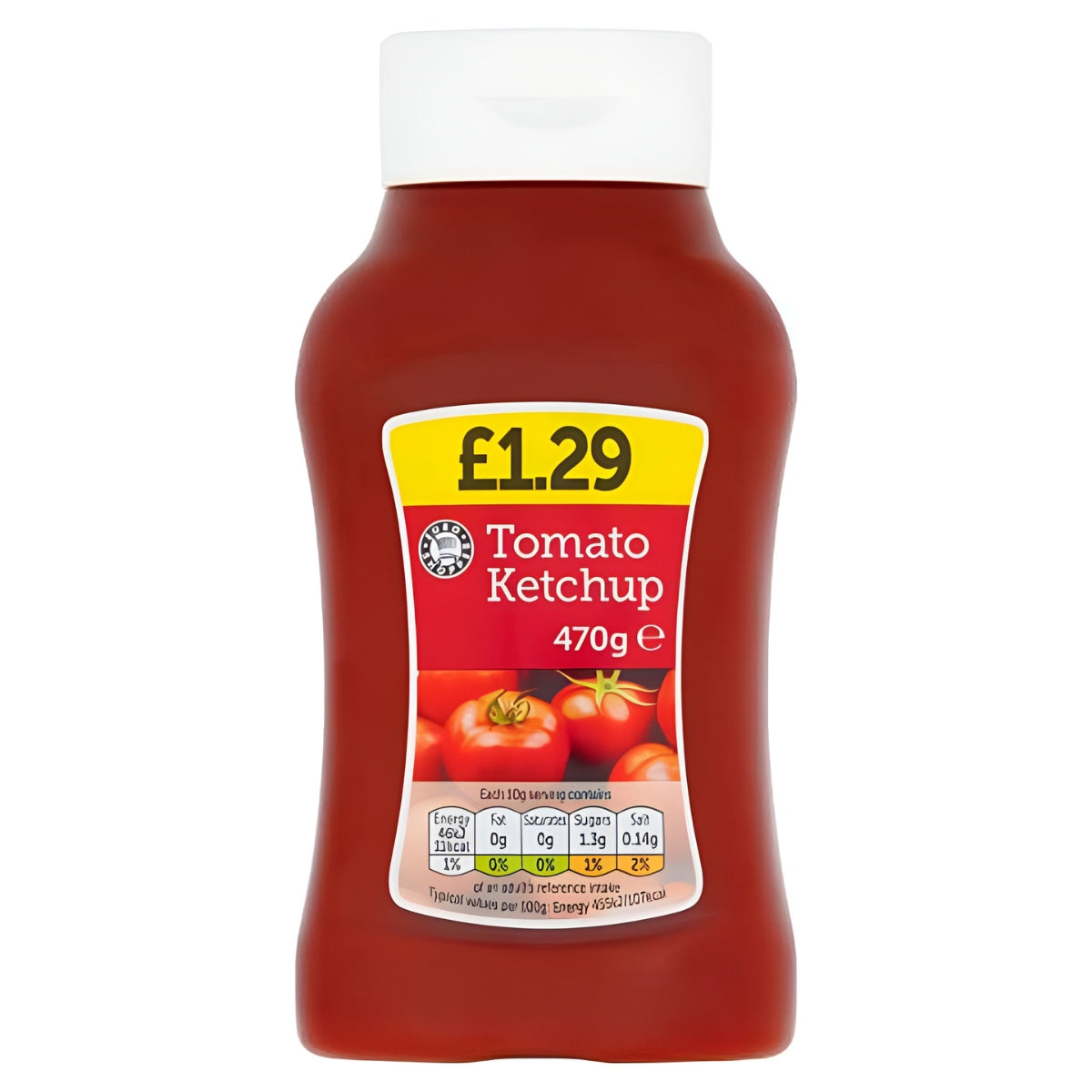 Image of a 460g bottle of tomato ketchup priced at £1.29. The bottle features a yellow label with red accents and nutritional information labeled as Euro Shopper - Tomato Ketchup.