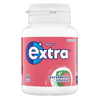 A 64g plastic bottle of Extra Watermelon Flavour Chewing Gum (46 sugar-free pieces), with a pink label and white cap—ideal for freshening breath whenever you need it.
