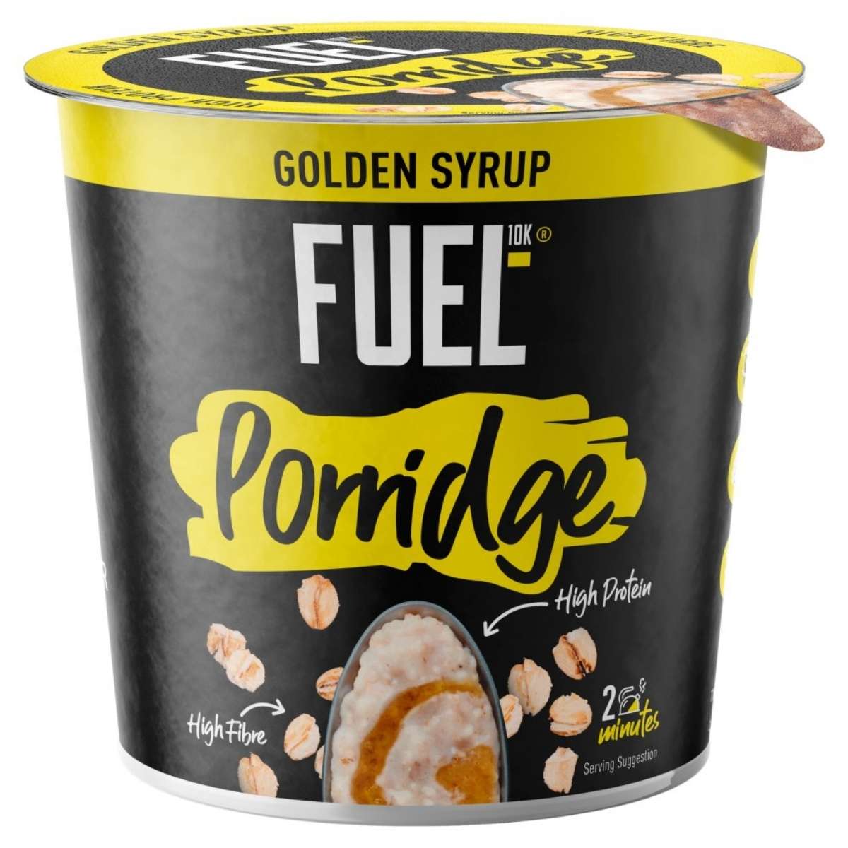 A 70g pot of FUEL10K High Protein Golden Syrup Porridge, featuring a high protein and high fiber formula with packaging that displays an image of porridge and oats.