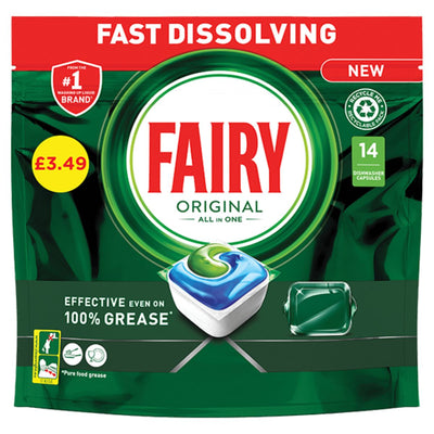 A pack of Fairy All In One Original Dishwasher Tablets (14 per pack), effective on 100% grease and suitable for hard water, is available for £3.49.