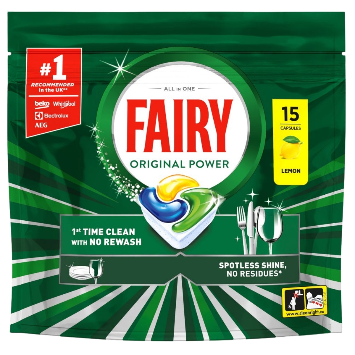 Fairy - All In One Original Dishwasher Capsule, 15 Capsules, features the Fairy brand logo and a lemon scent indicator. This powerful dishwasher detergent is specially formulated with non-ionic surfactants to deliver outstanding cleaning results—even in hard water—boasting “1st time clean with no rewash” and “spotless shine, no residues.”.